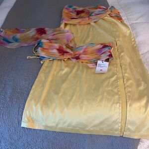 Vibrant Yellow skirt with matching Multicolor bandeau scarf top